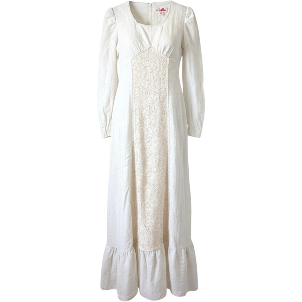 Vintage 60s 70s Cream Lace Prairie Maxi Dress Cottagecore Etheral Victorian XS S